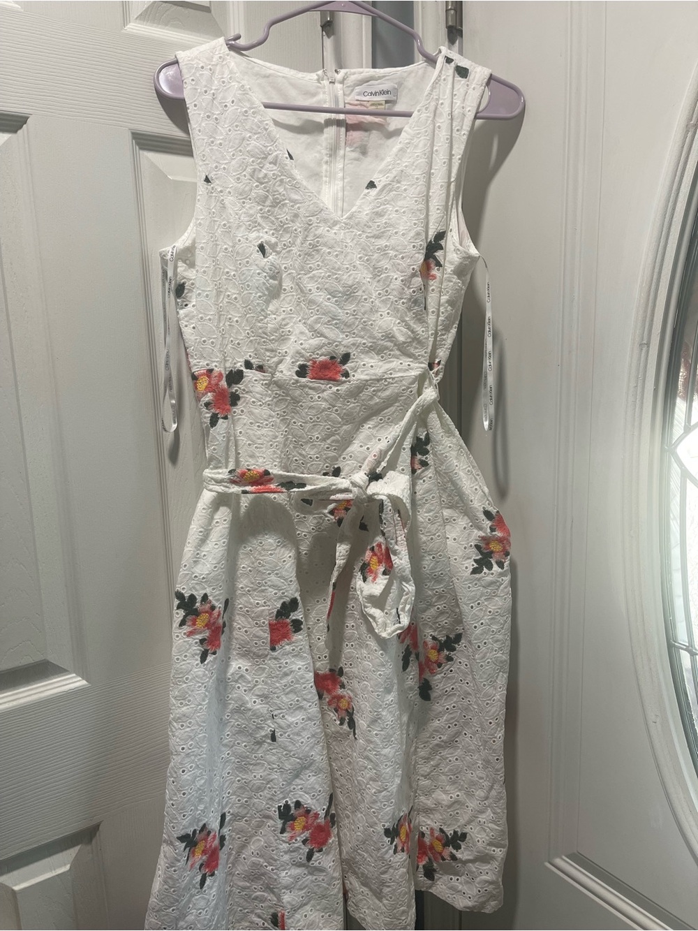 Calvin Klein White Eyelet Dress with Subtle Pink Detail